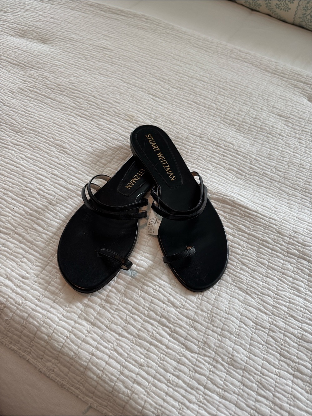 Stuart Weitzman Black Thin-Strap Leather Slide Sandals